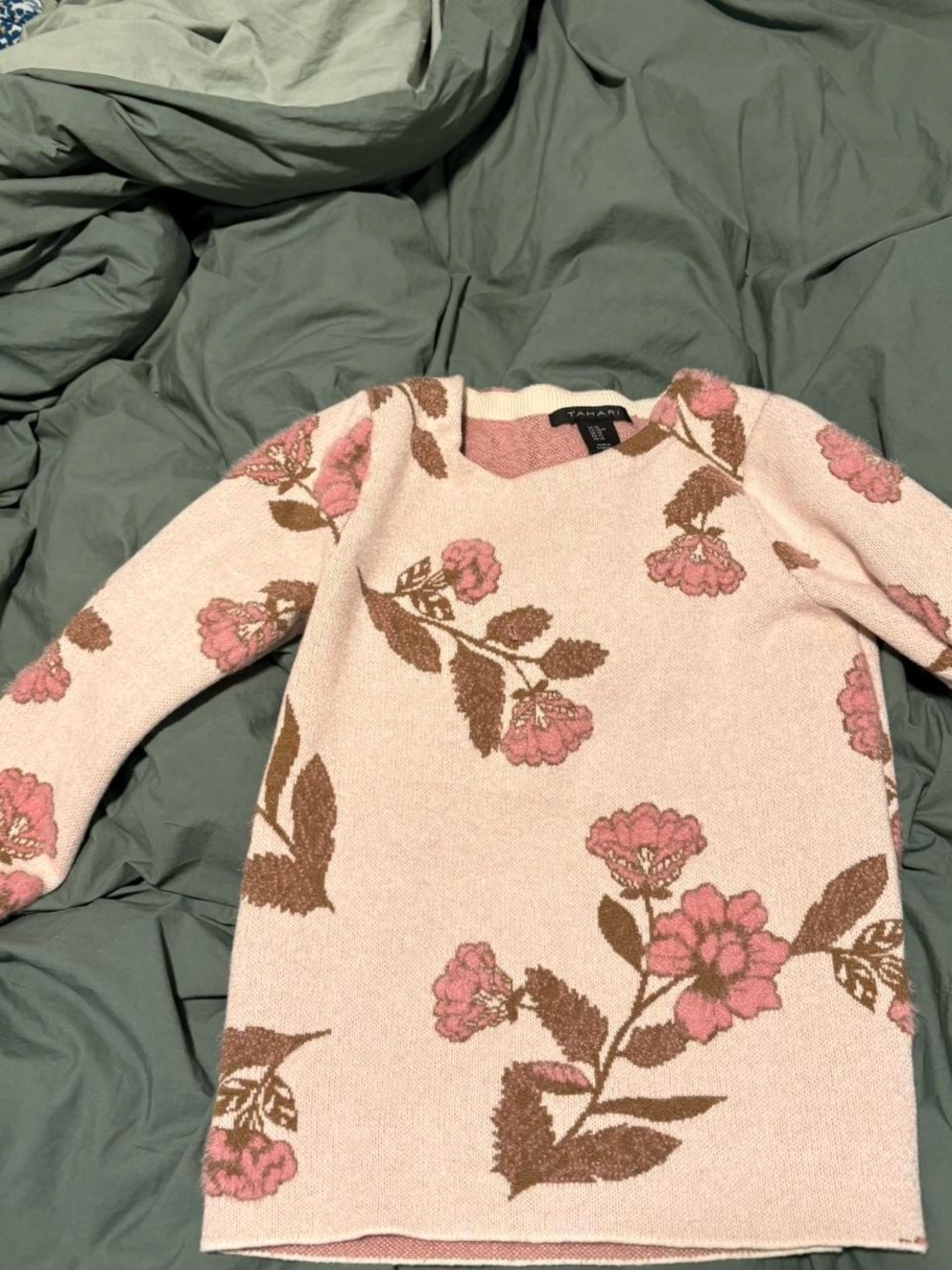 Tahari Pink Floral Crewneck Sweater with Brown Accents